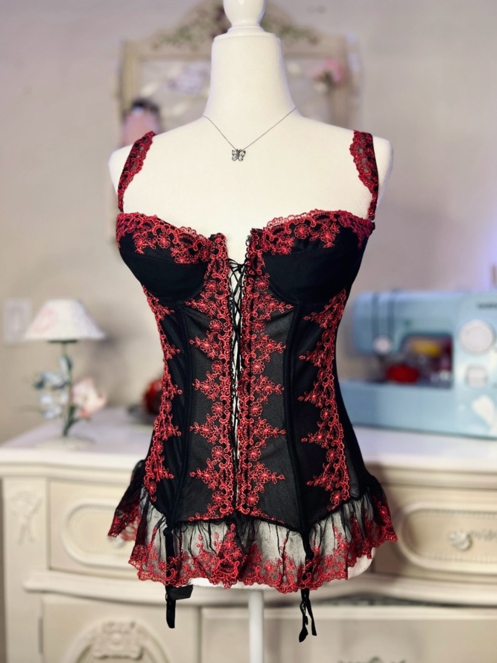 Leg Avenue Black Bustier Corset with Red Lace Embroidery